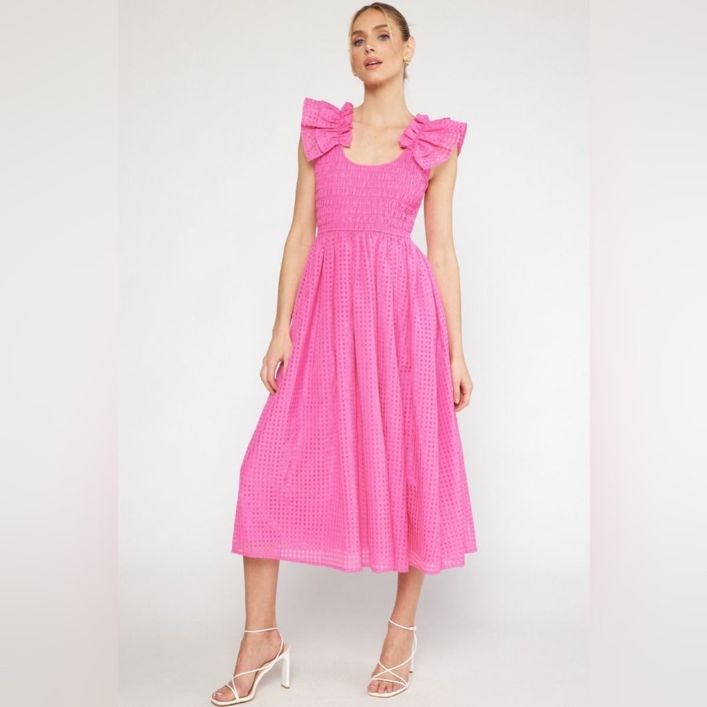 Entro Pink Textured Ruffle Strap Midi Dress